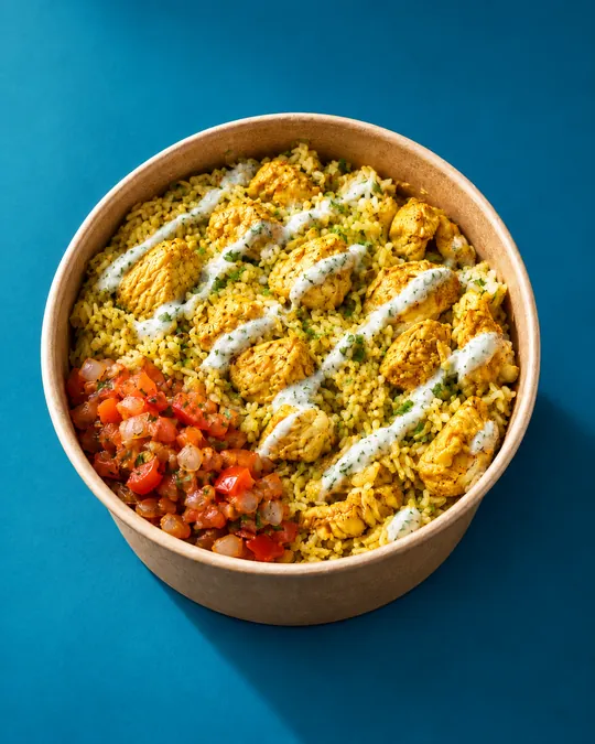 Bol de Middle East Chicken Rice : riz doré, poulet mariné, tomates et sauce à l’ail