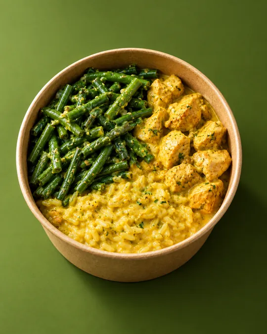 Bol de Riz Coco Curry : riz au curry, poulet et haricots verts